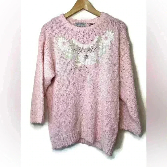 Vintage Paris Sports Club Prep Light Pink Knit Floral Embroidered Sweater Small - Picture 2 of 11
